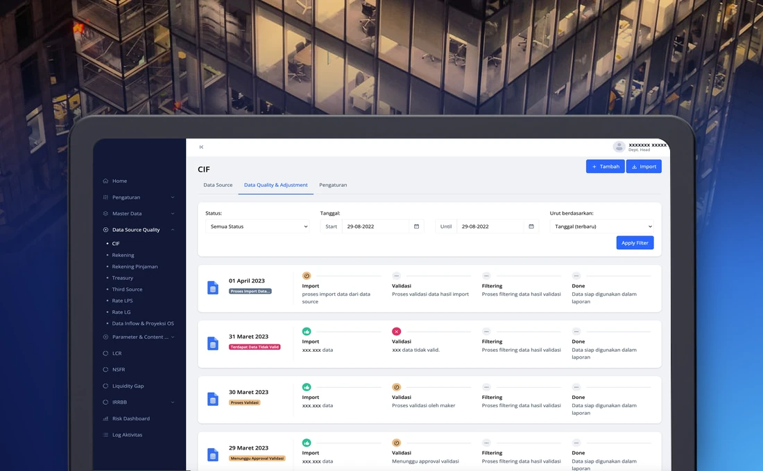 Data quality page with the import, validation and filtering stages of each data load